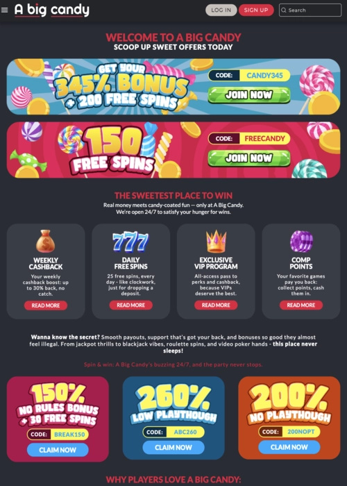 Exclusive bonus rewards showcase A Big Candy Casino